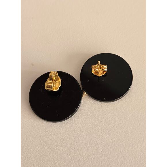 VTG 10K Yellow Gold Leaf Etched Black Resin Modernist Statement Stud Earrings - Picture 6 of 7